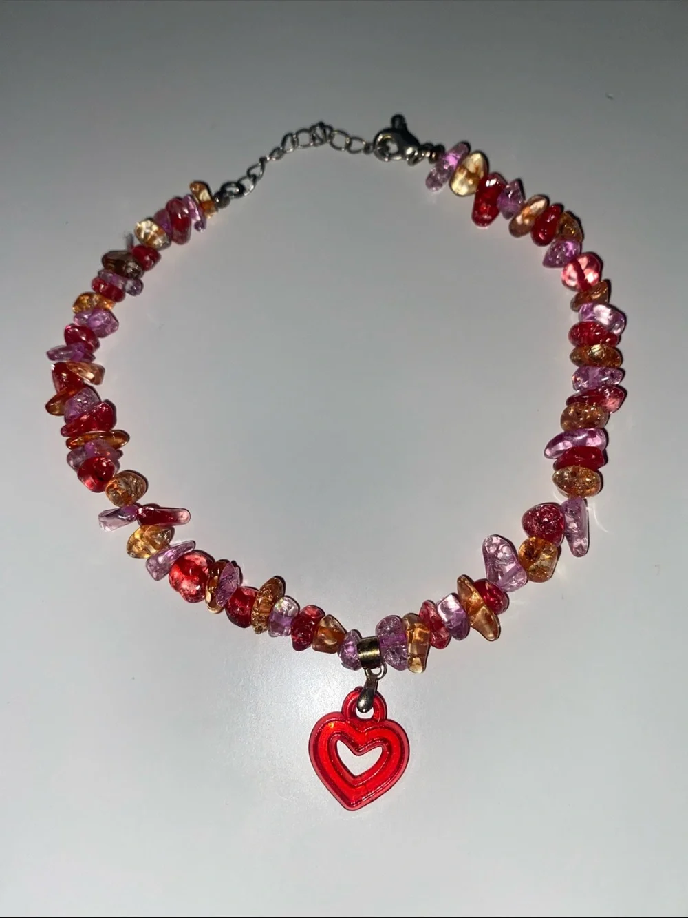 Vintage Girl’s Red Heart Charm Multicolor Beaded Necklace